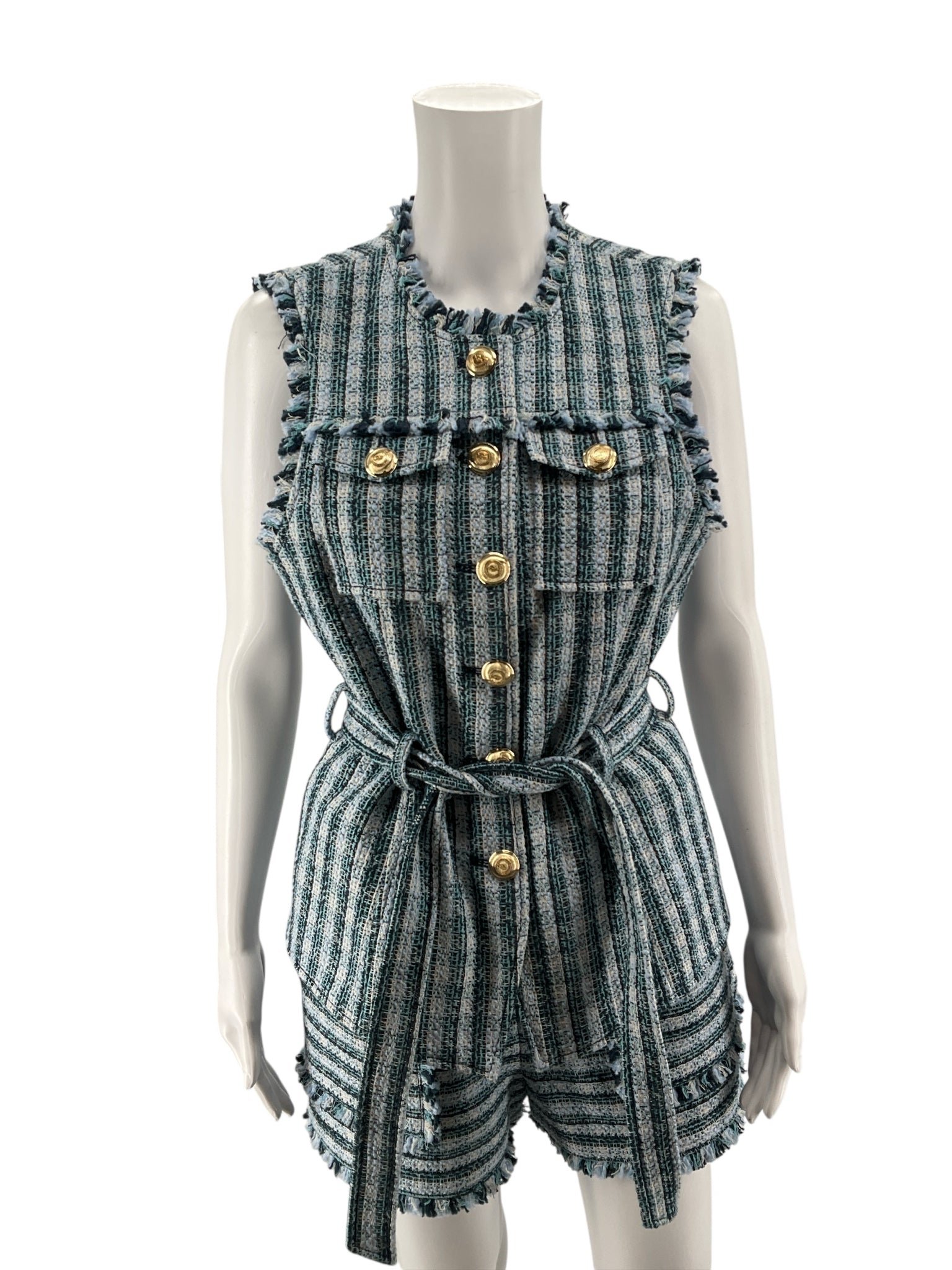 Cinq à Sept Elara Striped Tweed Vest with Frayed Hem Size 4
