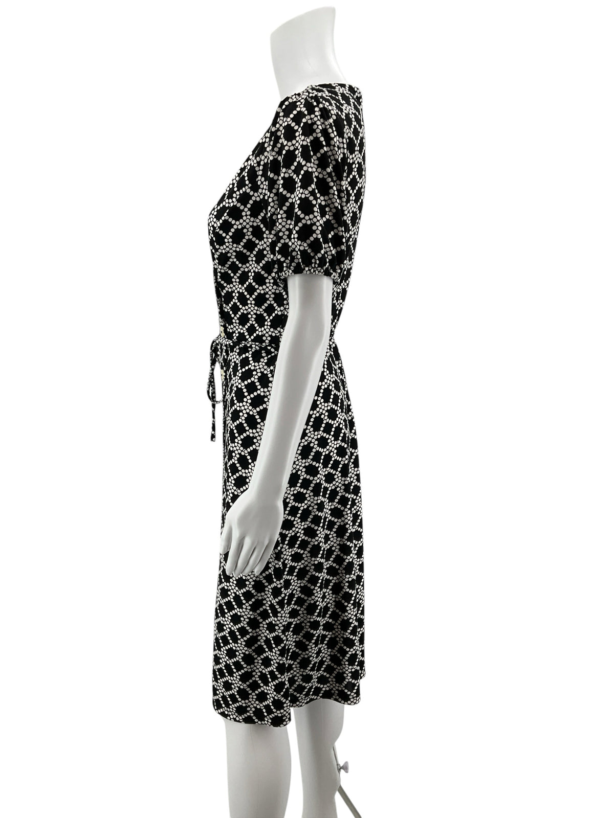 Talbots Petite Dot Lattice Tie-Waist Dress Black White Size Small Petite
