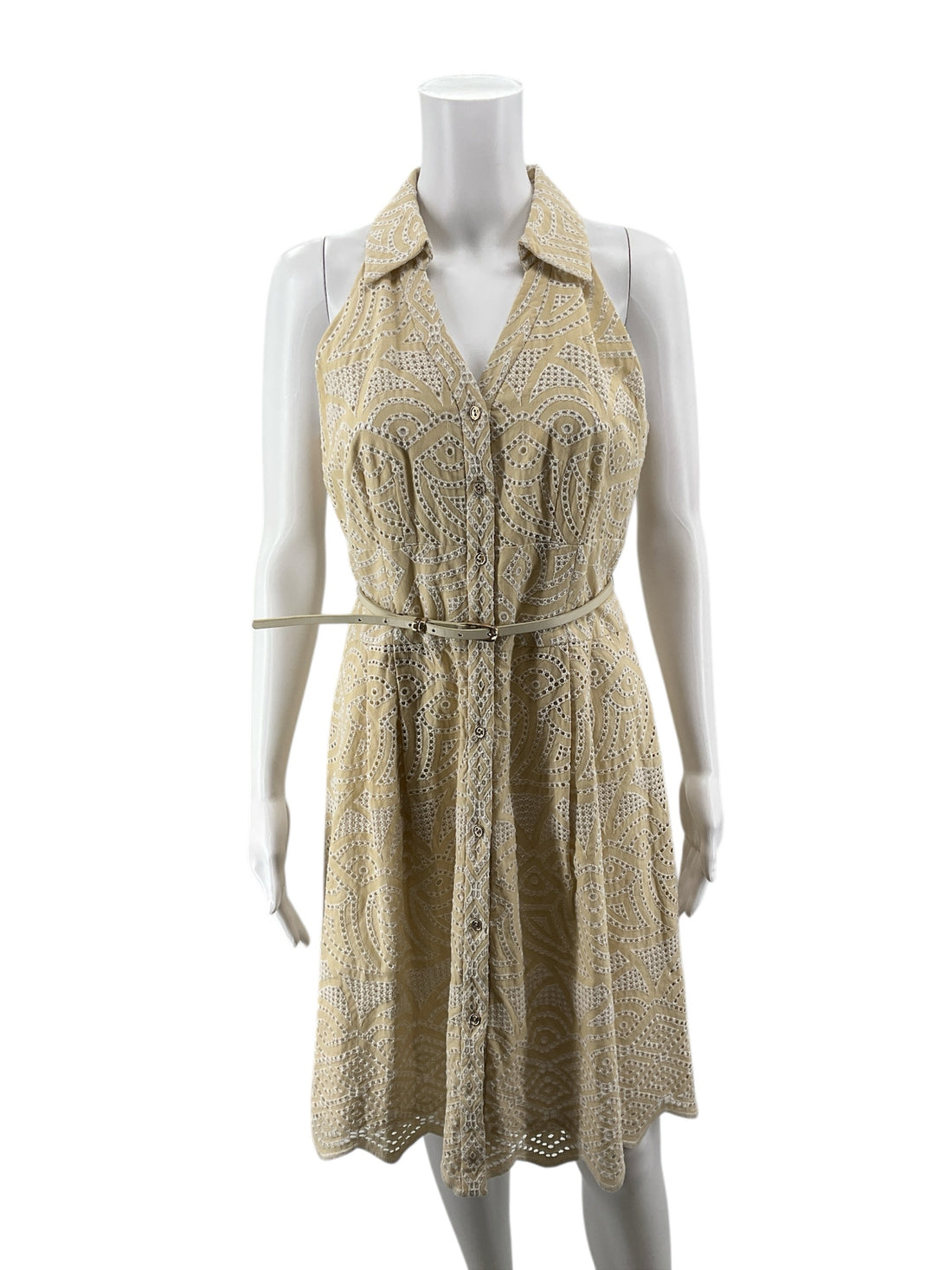 Antonio Melani tan/white A-Line Geometric Eyelet Shirtdress Tan Beige Cotton Size 8 - Size 8