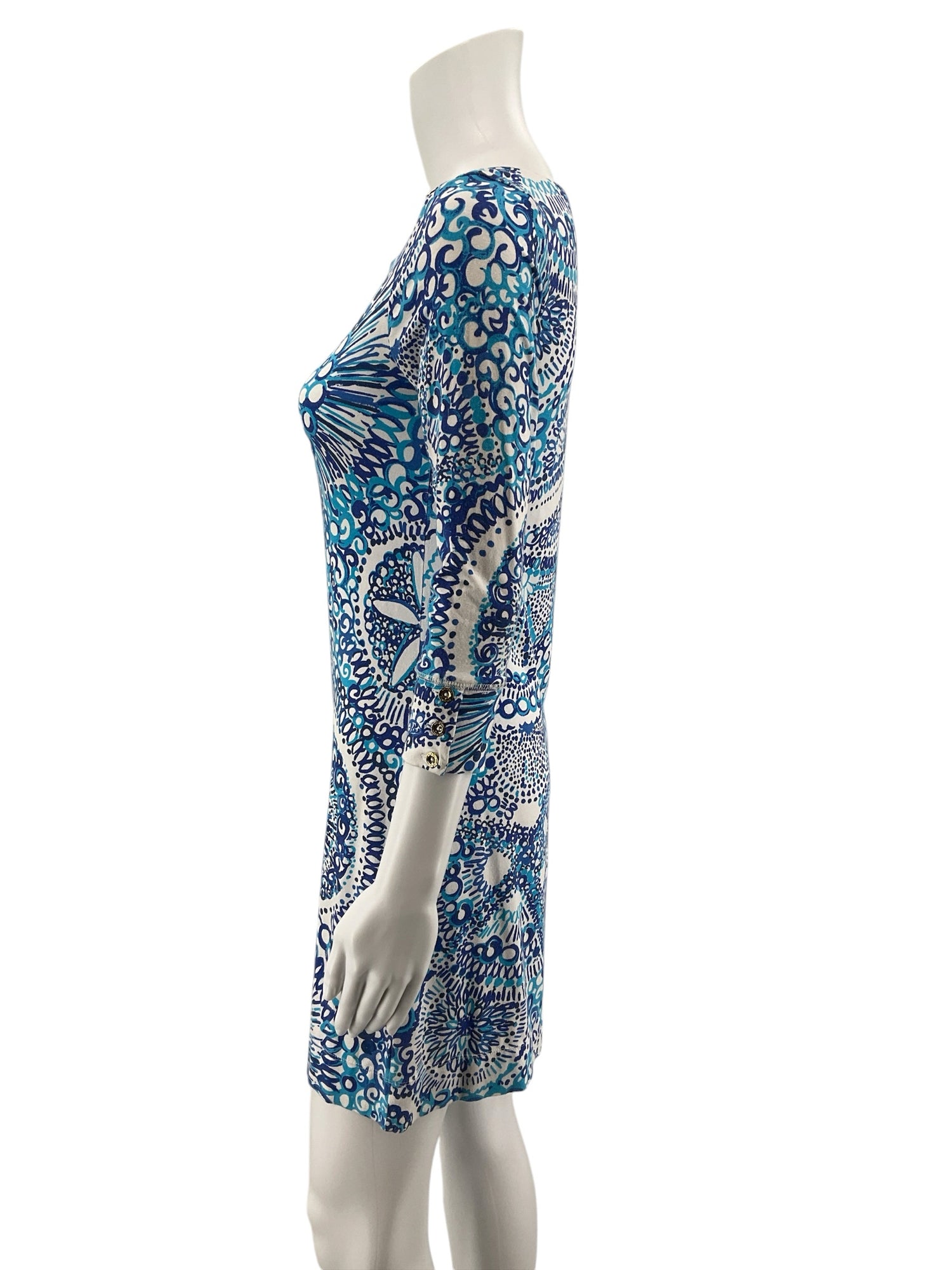 Lilly Pulitzer Sophie Dress Size S Blue White Medallion Print 3/4 Sleeve
