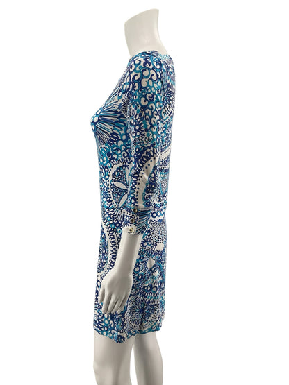 Lilly Pulitzer Sophie Dress Size S Blue White Medallion Print 3/4 Sleeve