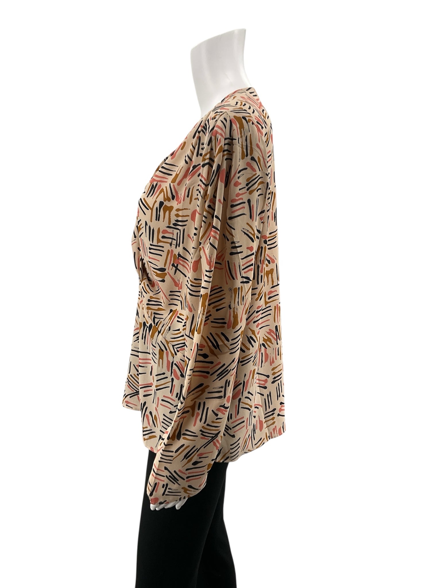cabi tan/navy/pink Long Sleeve Brushstroke Blouse Faux Wrap V-Neck Top Tan Pink Navy Size M Style 4162 - Size M