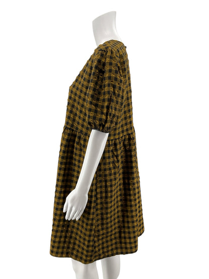 Wild &amp;amp; Fable Mustard &amp; Black Checkered Puff Sleeve Tiered Mini Dress | Size Large