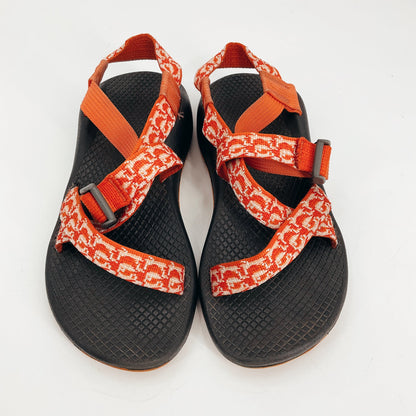 Top view of Chaco Orange Pre-Owned Ladies Sandals - Size 6 featuring LUVSEAT™ arch support and durable sport design for outdoor adventures.