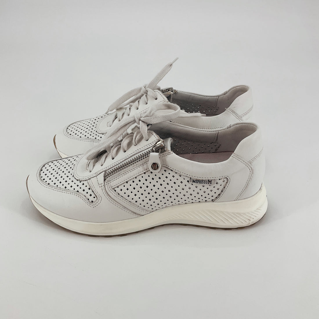 Mephisto Yael White Perforated Leather Side Zip Comfort Sneakers | Womens 8.5