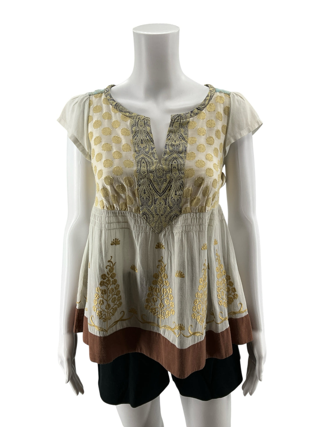 Floreat Anthropologie Gold Embroidered Boho Peplum Tunic Top Size 2