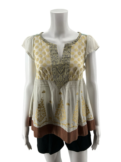 Floreat Anthropologie Gold Embroidered Boho Peplum Tunic Top Size 2