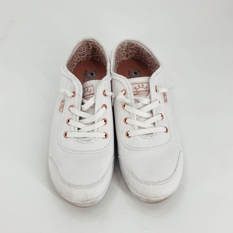 Top view of Bobs White Solid Pre-Owned Sneakers - Size 8.5 showing memory foam insoles and clean lace-up design, sold by Margaret's.