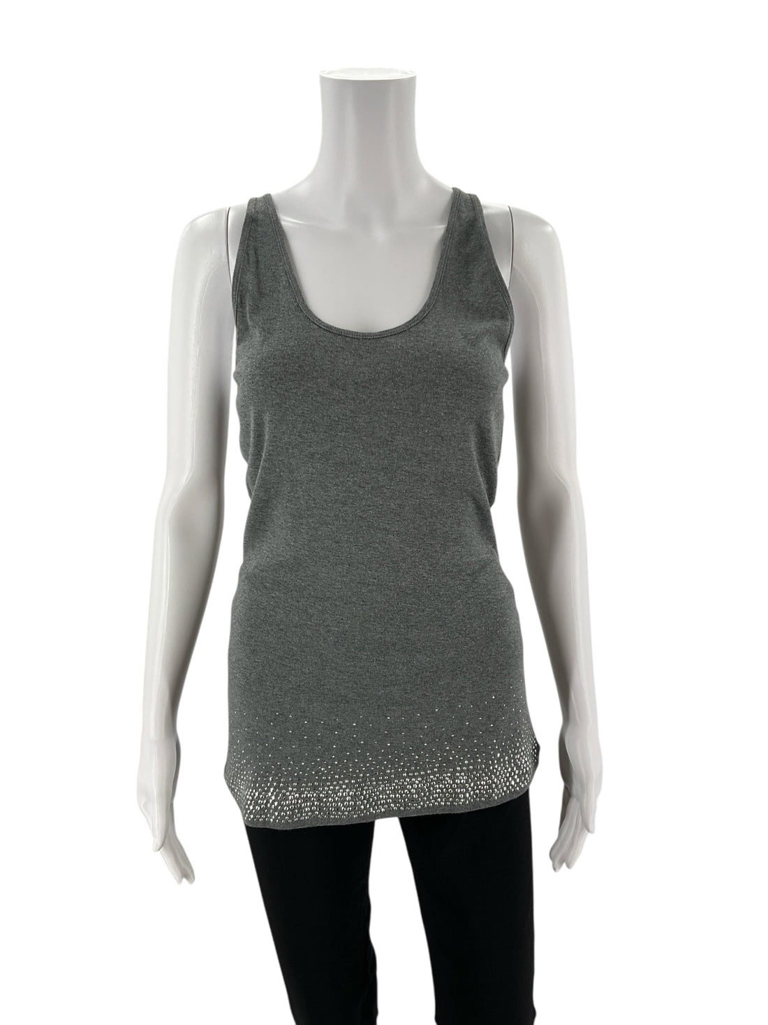 Gray racerback tank top from Express, embellished design, casual style, pre-owned, size large for ladies.