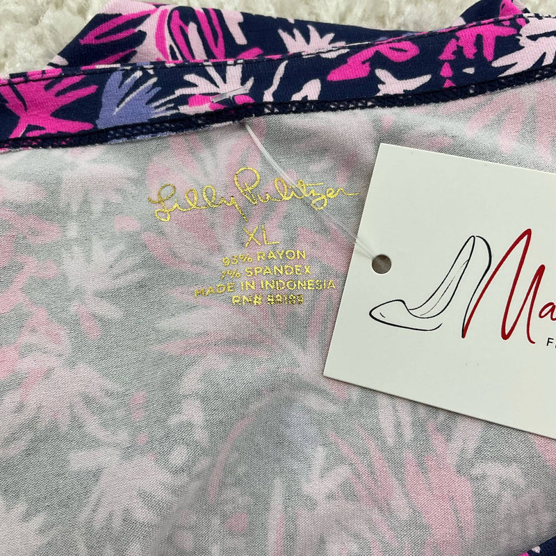 Close-up of Lilly Pulitzer Dress Size XL label showing brand, size, and fabric details, featured at Margaret’s Fine Consignments.
