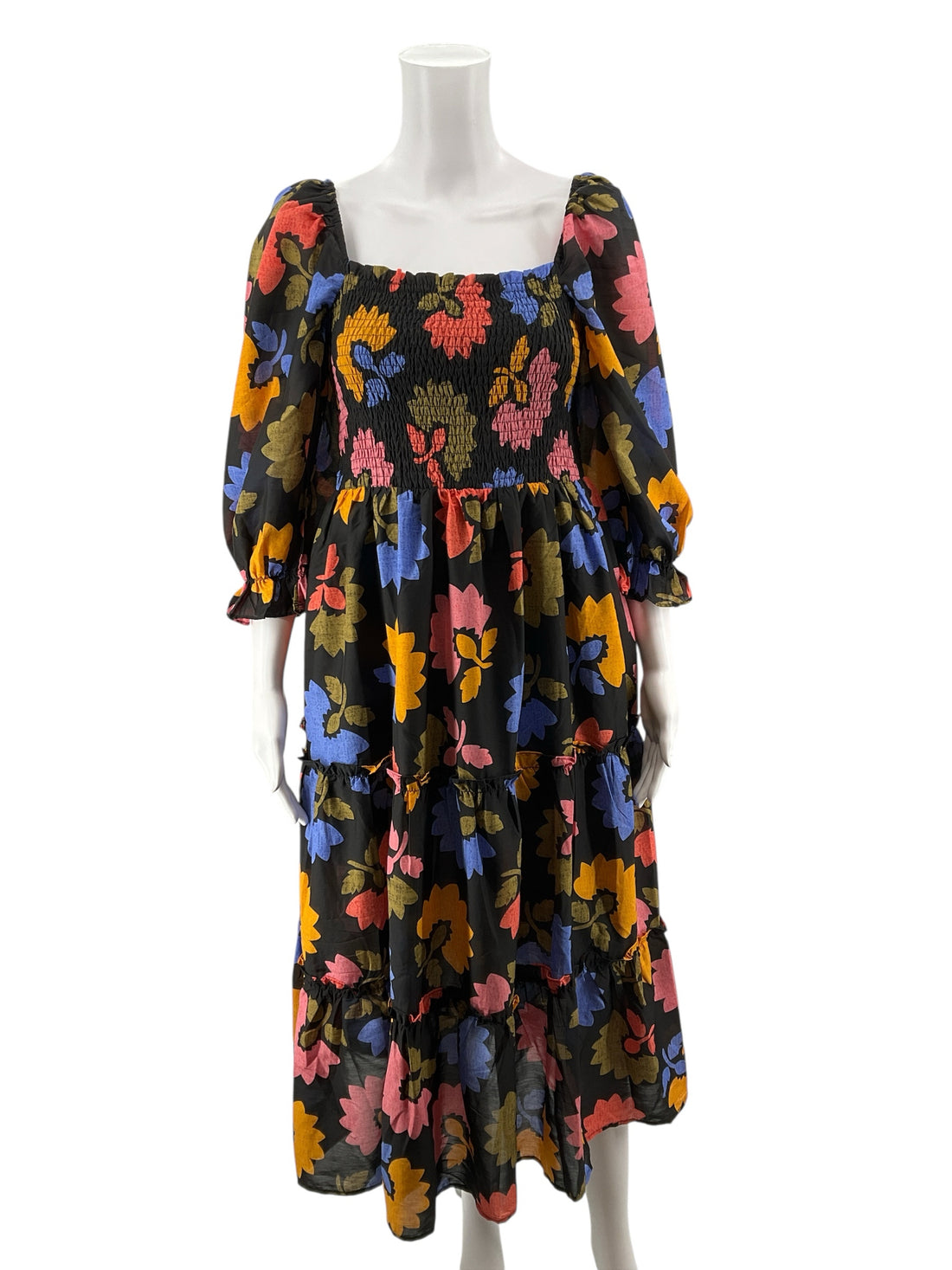 J Marie Black/Blue/Coral/Mustard Floral Pre-Owned Ladies Dress - Size Medium
