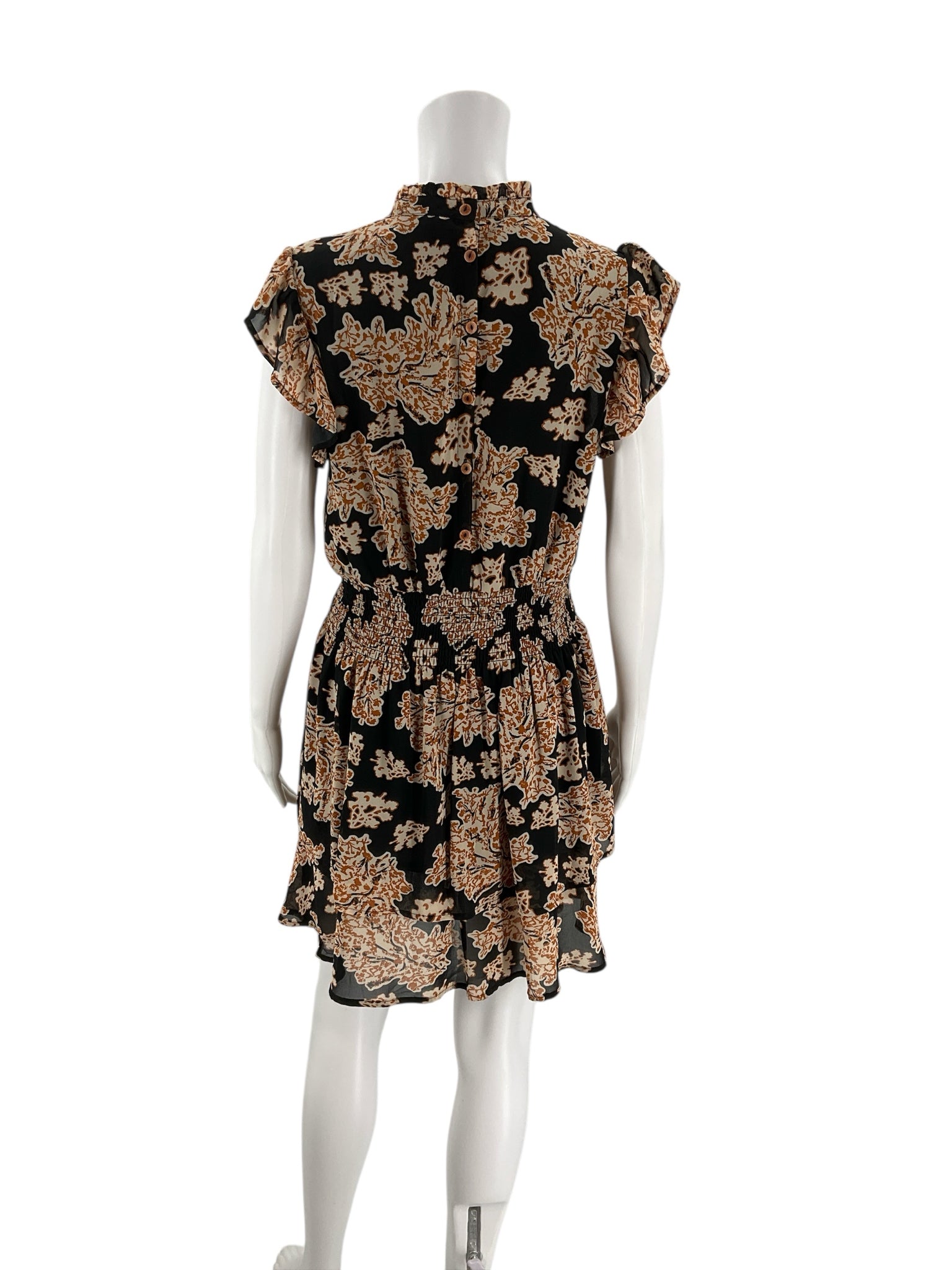 Back view of THML Black/Camel Flora Dress - Size Small showing elastic waist and flutter sleeves, available pre-owned at Margaret’s Fine Consignments.