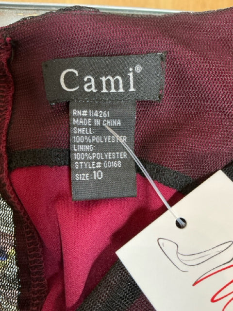 Cami V-Neck A-Line Midi Cocktail Dress Black Maroon Mesh Size 10