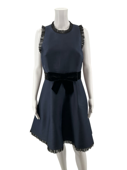 Kate Spade New York navy/black Fit and Flare Navy Pleated Trim Fit &amp; Flare Dress with Velvet Bow Size 8 - Size 8