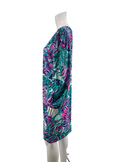 Lilly Pulitzer Turquoise/Pink Shift Cassi T-Shirt Dress Medium Sink Or Swim Print UPF 50+ - Size M
