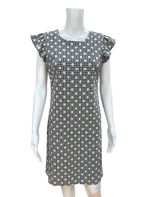 ELLE white/blue Sheath Blue &amp; White Gingham Ruffle Sleeve Sheath Dress Size Small - Size S