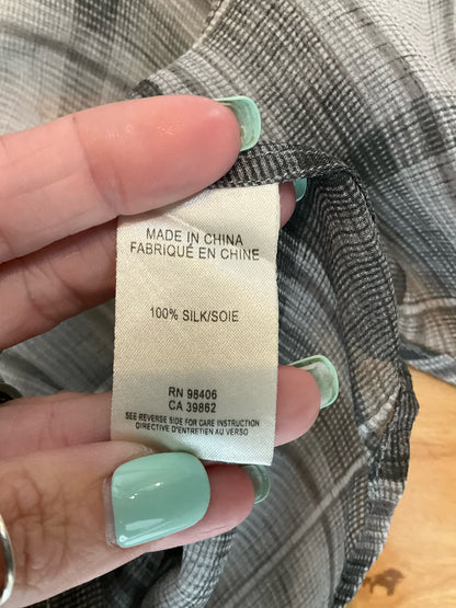 Theory Biddy Lattice Plaid 100% Silk Button Down Blouse Gray Size P Petite