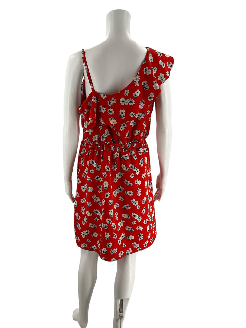 Back view of Xhiliration Orange/Multi Floral Pre-Owned Ladies Dress - Size Large on mannequin. Features elastic waist and one-shoulder design.