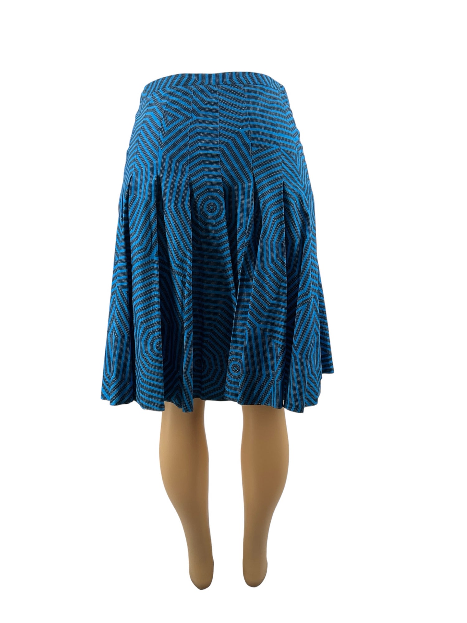 Akris punto Geometric Op Art Print Pleated A-Line Skirt Blue Black Cotton US 4
