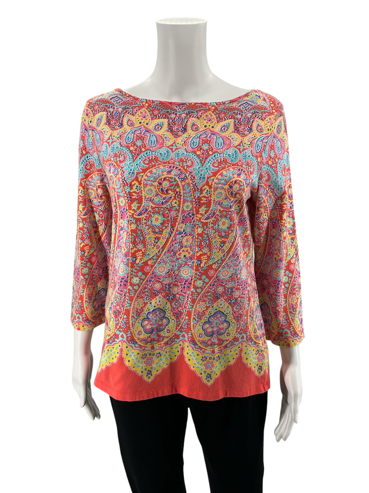 Talbots The Talbots Tee Paisley Boatneck Top Orange Blue Yellow Size Medium - ONLINE ONLY