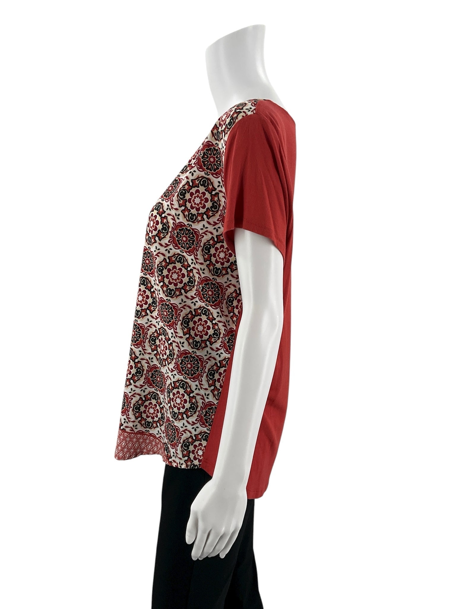 Ann Taylor Factory white and rust colorblock mixed media swing top for women, size large, casual style.