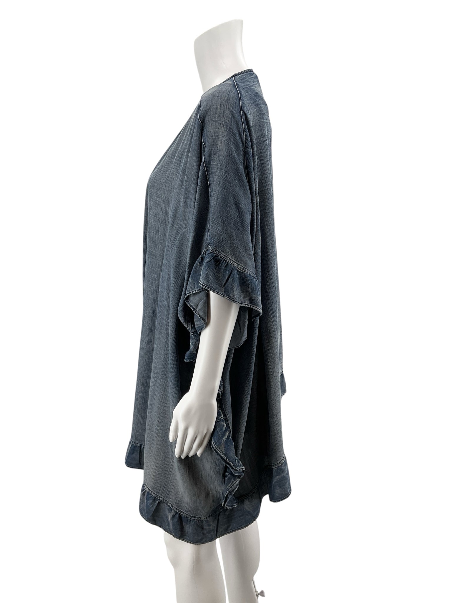 Easel Blue Tencel Ruffle Hem Open Front Kimono Top Size Large