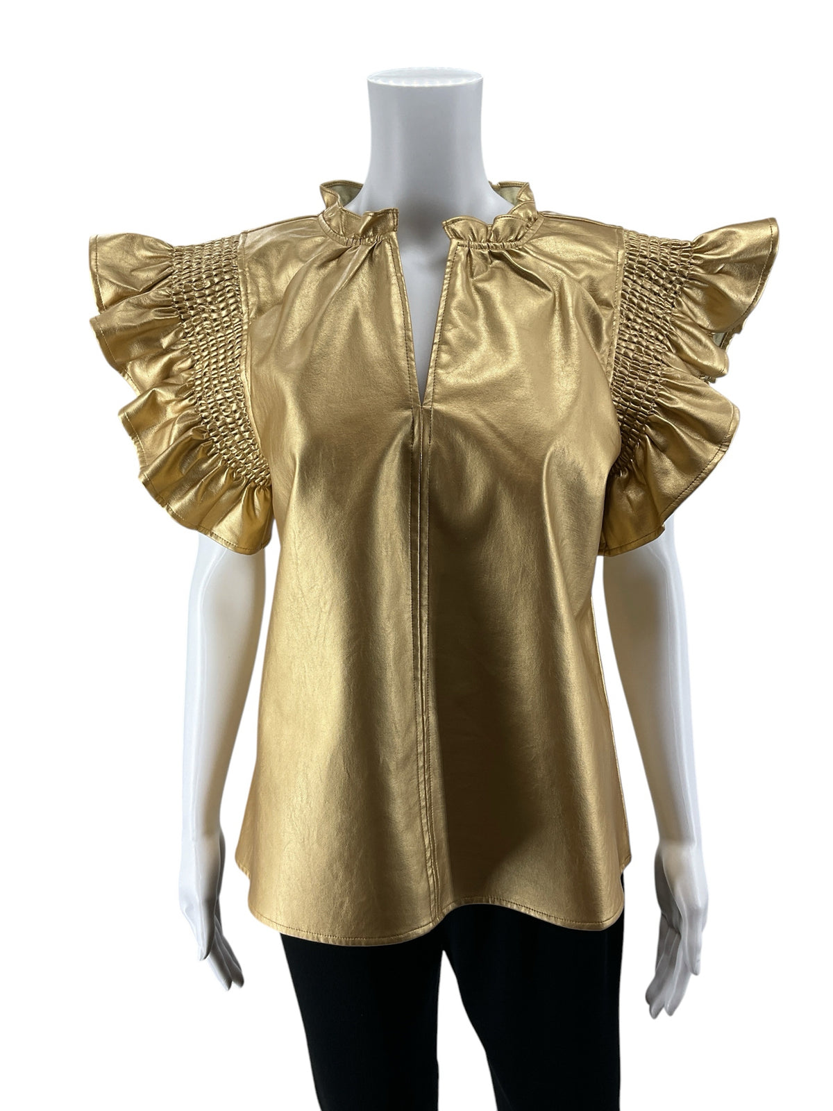 THML Metallic Gold Faux Leather Ruffle Cap Sleeve Top - Size Medium - ONLINE ONLY