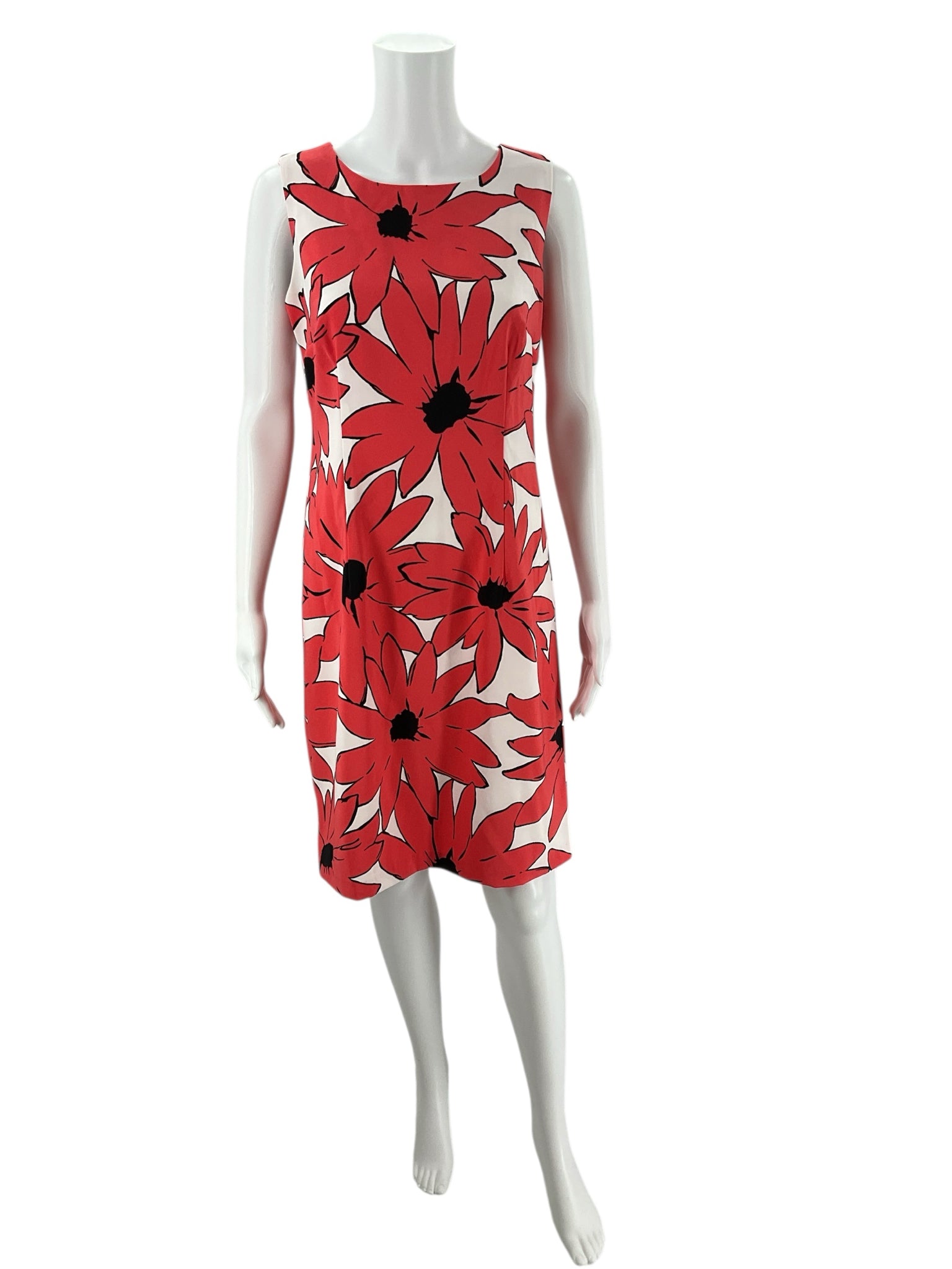 Ronni Nicole White/Coral Floral Dress - Size 8 sleeveless sheath with bold red and black flower print, ideal for summer events.