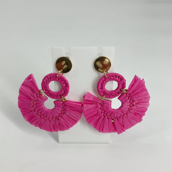 Vibrant Fuchsia Raffia Fringe Half-Moon Fan Statement Earrings