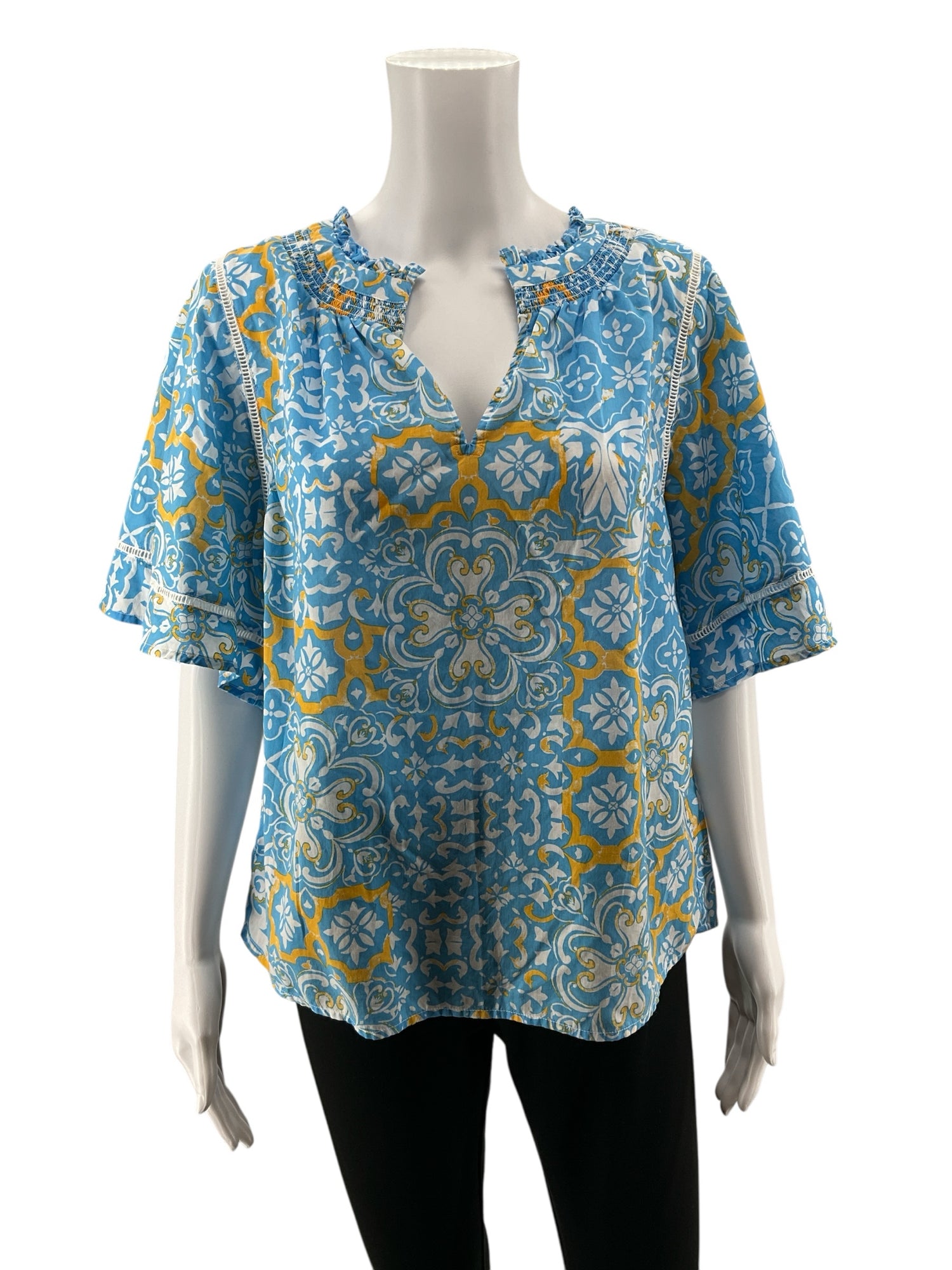 Ann Taylor blue/white/orange Short Sleeve Mosaic Tile Print Smocked Peasant Top Size Small - Size S