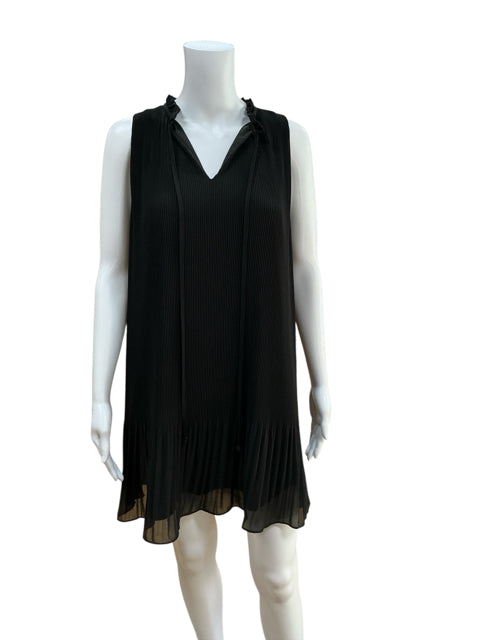 Naked Zebra Black Pleated Pre-Owned Ladies Dress in size small, sleeveless with ruffled neckline and flowy hem, ideal for casual or semi-formal wear.