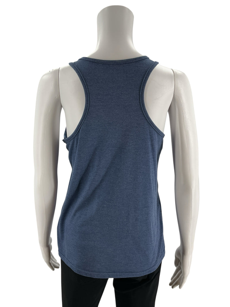 Back view of Shein pre-owned navy blue racerback tank top, size small, showing sleeveless casual design.