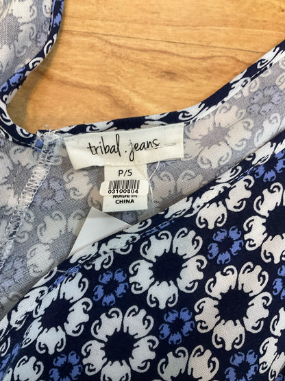 Tribal Medallion Print Handkerchief Hem Tank Top Blue White PS