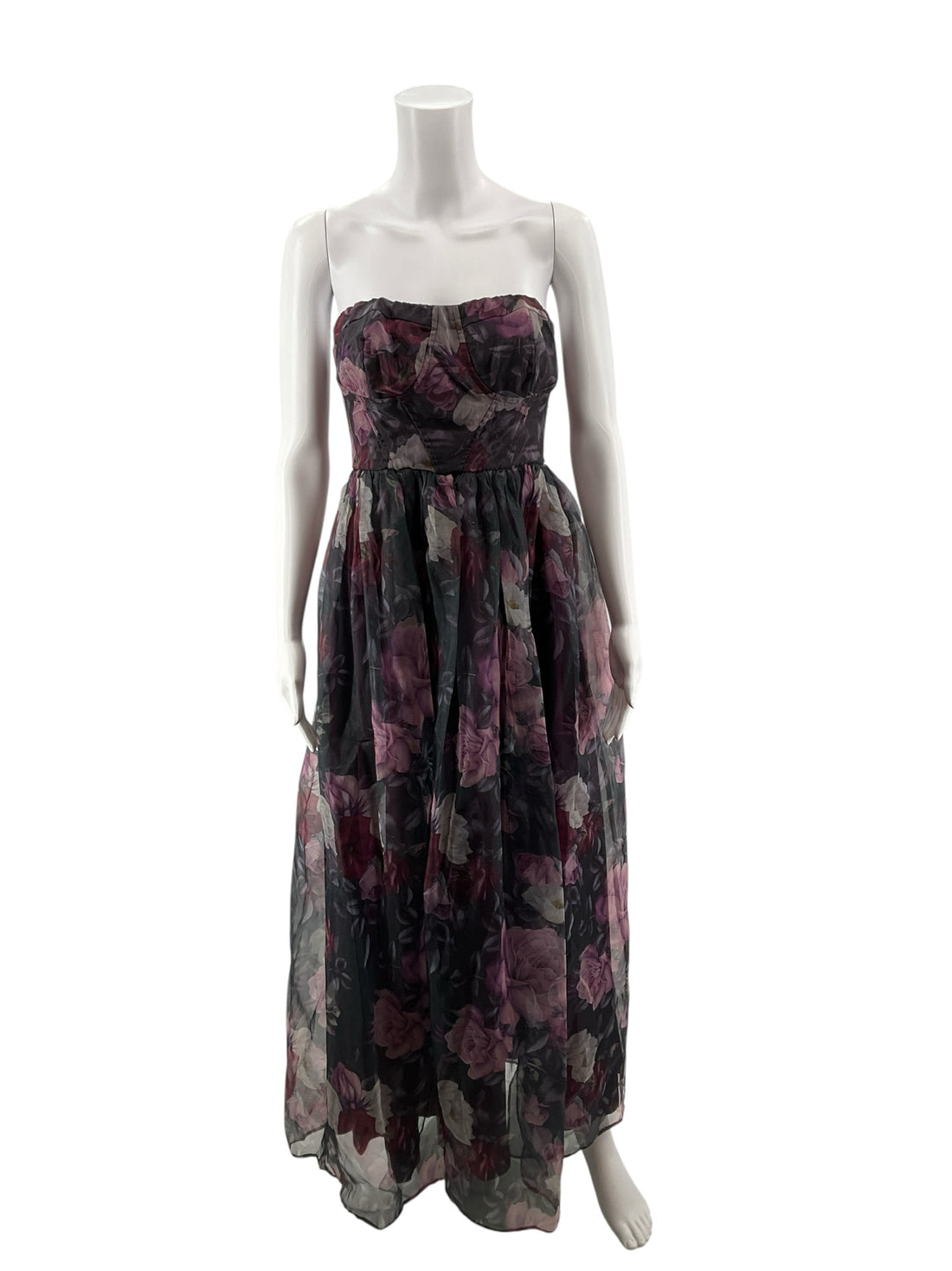 Lulus Garden Date Black Floral Print Strapless High-Low Midi Dress NWT