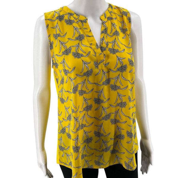 Front view of Papermoon Yellow/White Floral Sleeveless Top Size Small on mannequin, featuring a V-neck. Shop at Margarets Fine Consignments.