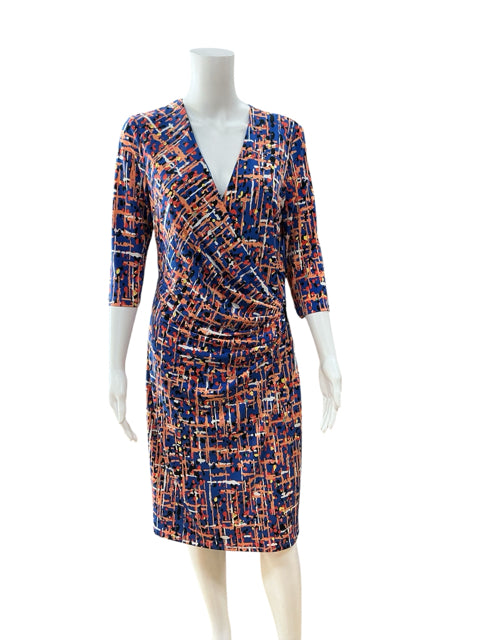 Anne Klein Blue &amp;amp; Orange Floral Print 3/4 Sleeve Sheath Dress Size 8