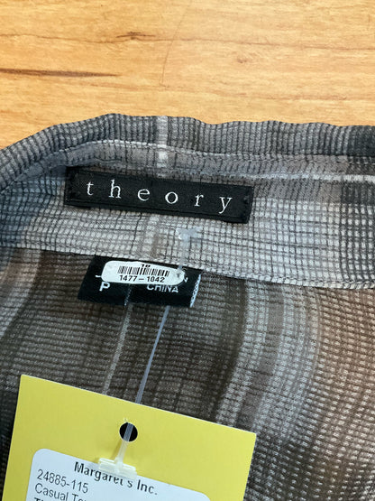 Theory Biddy Lattice Plaid 100% Silk Button Down Blouse Gray Size P Petite