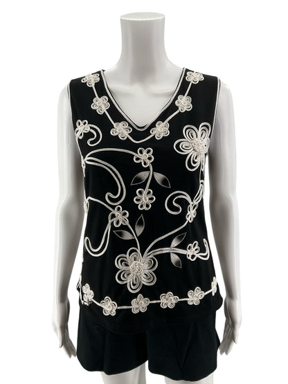 Lauren Michelle Black &amp; White Floral Applique Sleeveless Top Size Medium