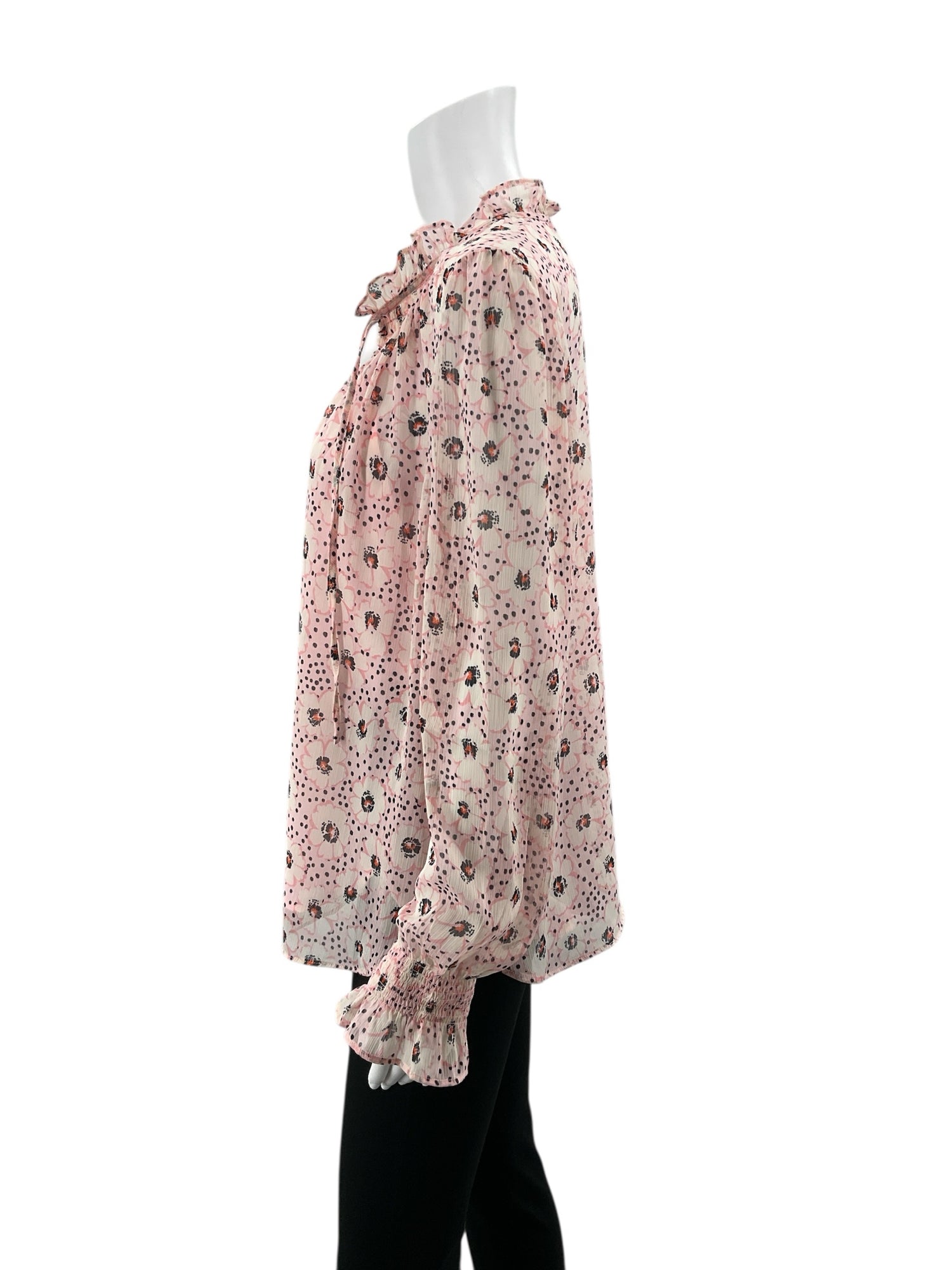Loft white/pink/brown Long Sleeve Floral Smocked Tie Neck Blouse White Pink NWT Ladies Top Size Large - Size L