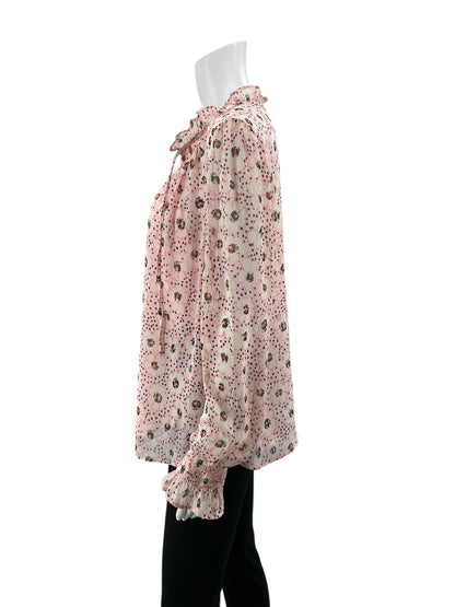 Loft white/pink/brown Long Sleeve Floral Smocked Tie Neck Blouse White Pink NWT Ladies Top Size Large - Size L