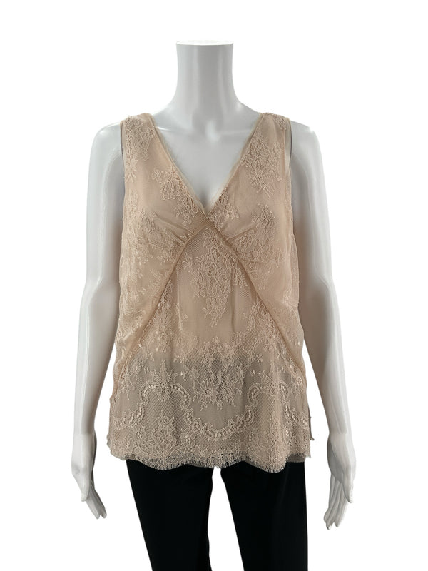 Front view of J Crew Natural Lace Pre-Owned Ladies Top - Size 6 featuring sheer floral lace and sleeveless V-neck design, perfect for elegant layering.