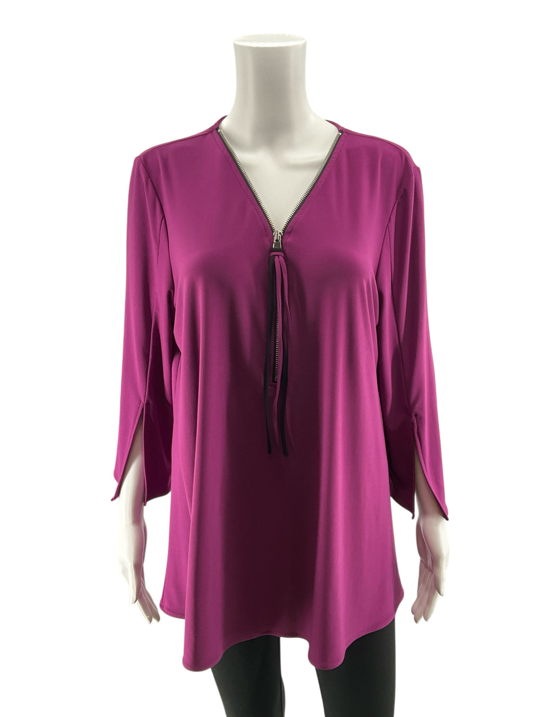 Joseph Ribkoff Asymmetrical Tassel Zipper Tunic Top Fuchsia Purple Size 14