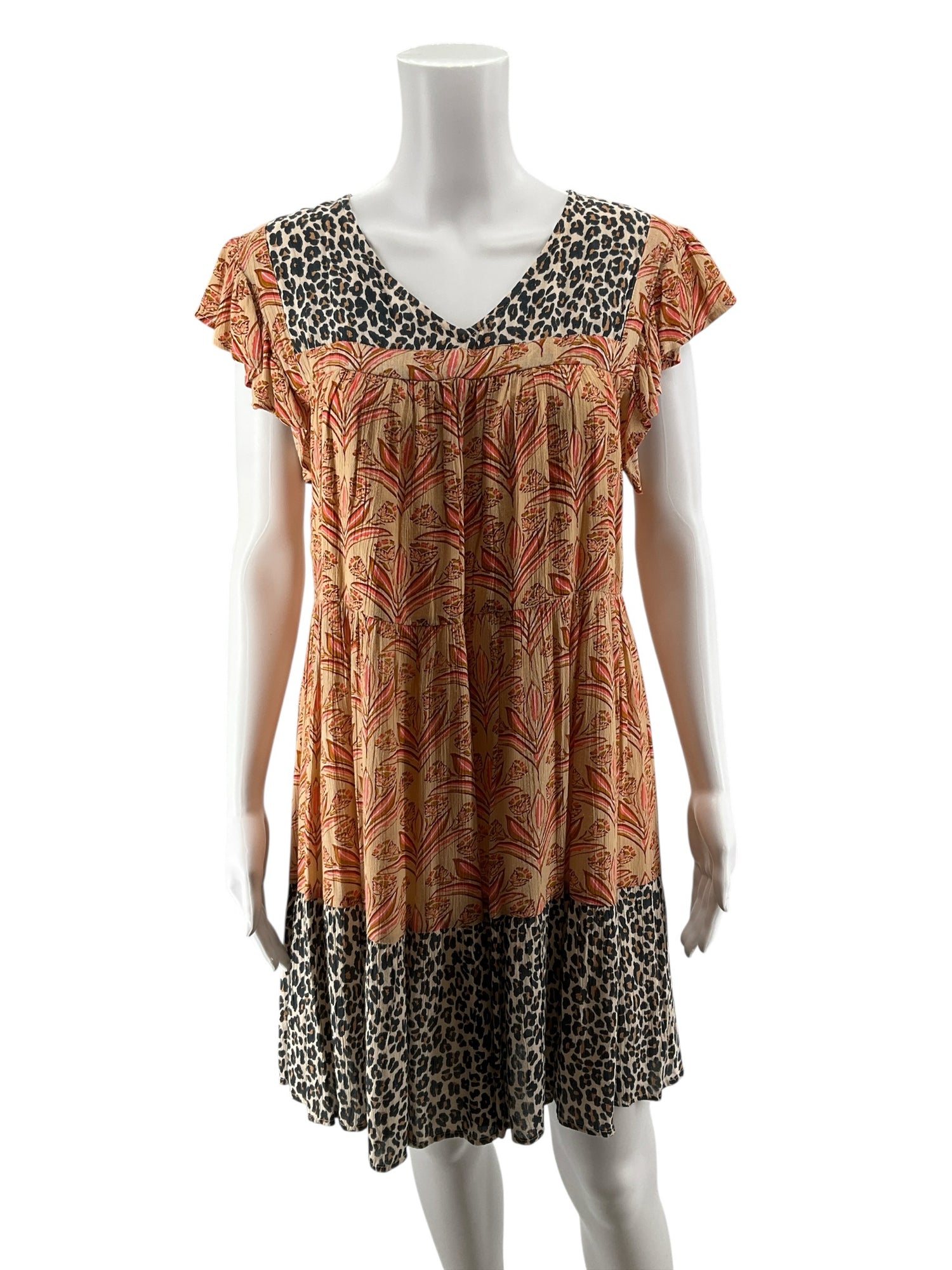 THML Mixed Animal &amp; Floral Print Ruffle Sleeve Tiered Mini Dress Size Small