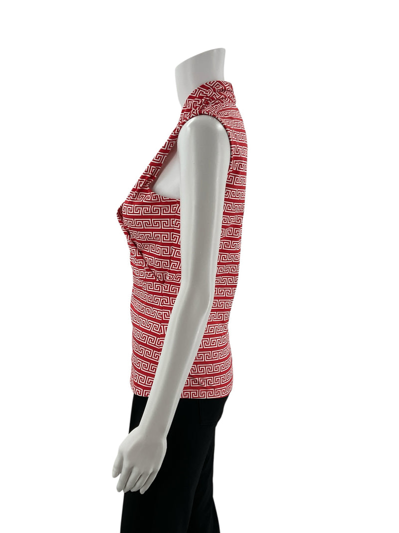 Side profile of J. McLaughlin coral and white cowl neck top in size small. Made from stretchy, preppy Catalina Cloth with Greek Key print.