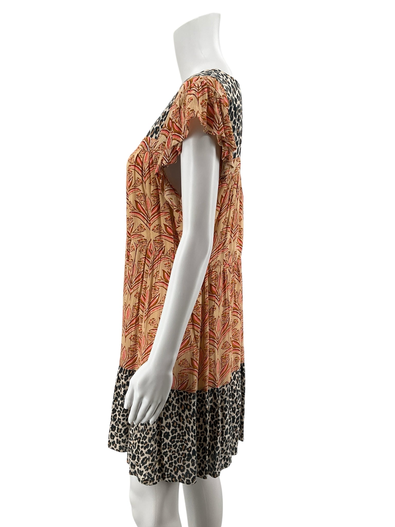 THML Mixed Animal &amp; Floral Print Ruffle Sleeve Tiered Mini Dress Size Small