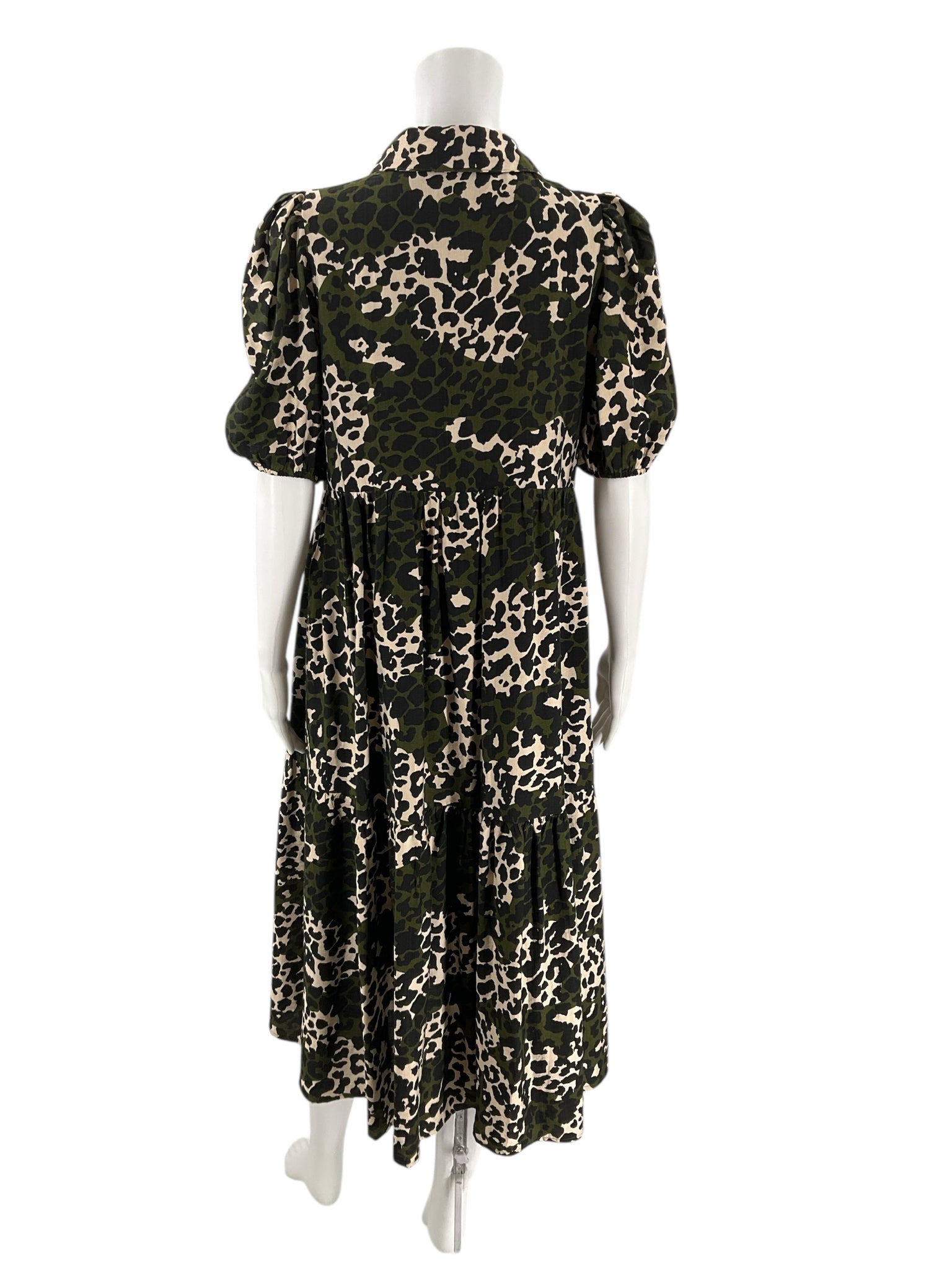 Back view of Tcec Olive/Black Animal Print Dress - Size Large featuring puff sleeves and flowy silhouette.