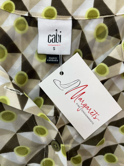 Cabi green and brown print button-down blouse, collared, long sleeve, size small for ladies.