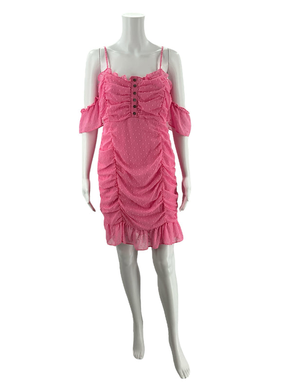 Favlux Pink Textured Pre-Owned Ladies Dress Size Large displayed on mannequin with swiss dot fabric, ruched front, and cold shoulder design.