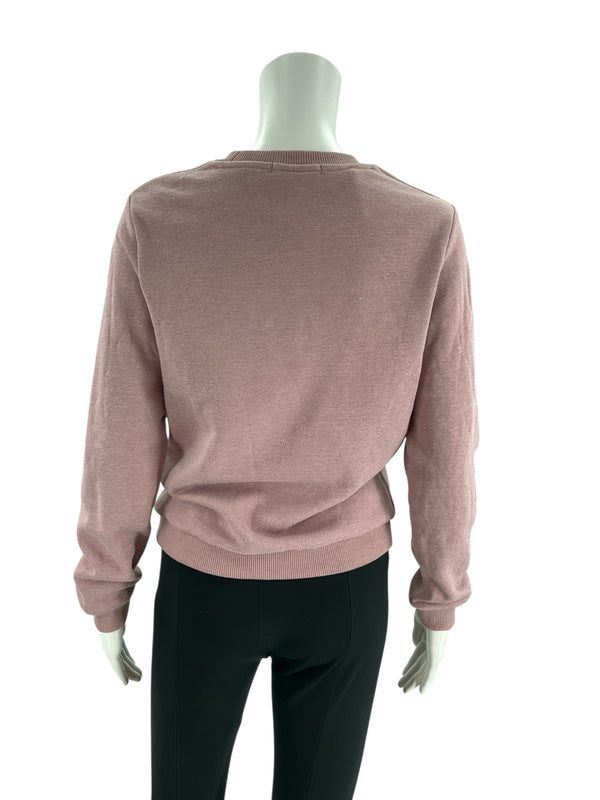 Back view of Marine Layer mauve pullover, size XS, showing ribbed hem and soft fabric texture, perfect for second-hand casual fashion.