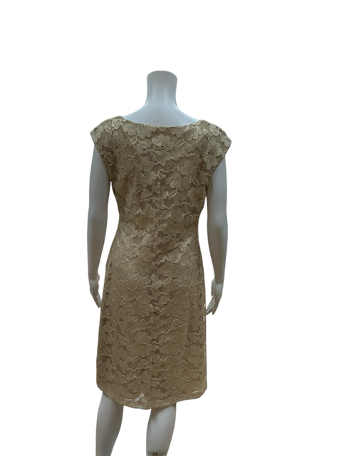 Back view of Connected Apparel gold floral lace sheath dress, highlighting full lace overlay and knee-length cut for formal occasions.